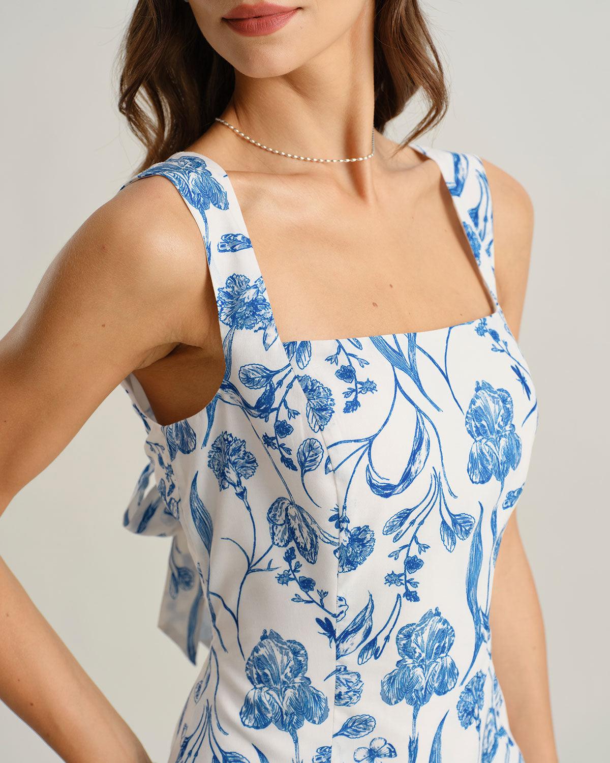 Blue Floral Tie-back Slip Mini Dress Product Image