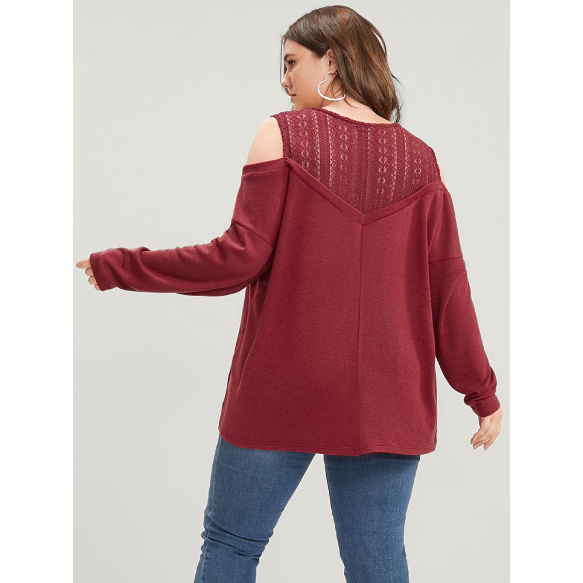 Plus Size Solid Lace Mesh Cold Shoulder Sweatshirt Women Burgundy Elegant See through Round Neck Dailywear Sweatshirts BloomChic 10/M Product Image
