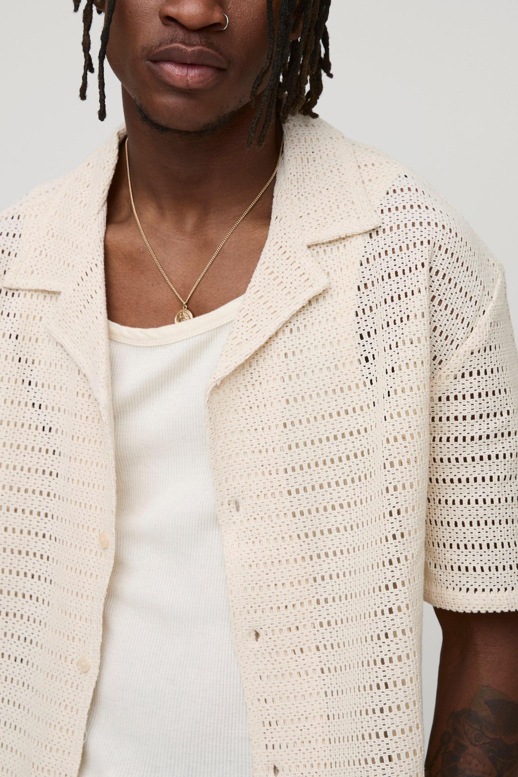 Tall Oversized Open Texture Boxy Revere Shirt and Short Set | boohooMAN USA Product Image