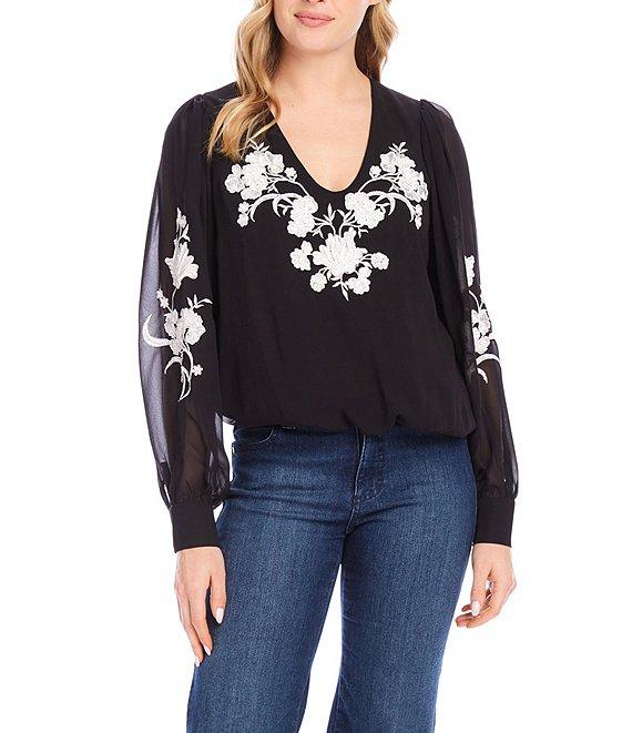 Karen Kane Floral Embroidered V-Neck Long Sleeve Blouson Top Product Image