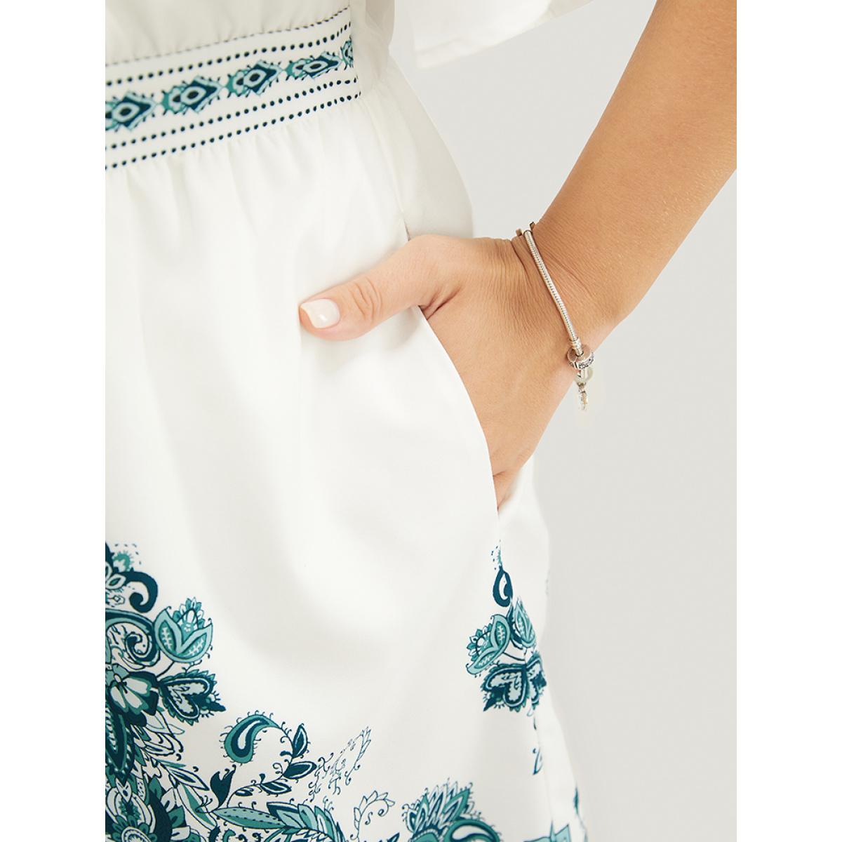 Plus Size Emerald Bandana Print Ruffle Sleeve Pocket Button Detail Romper Women Vacation Short sleeve V-neck Dailywear Loose Jumpsuits BloomChic 28/5X Product Image