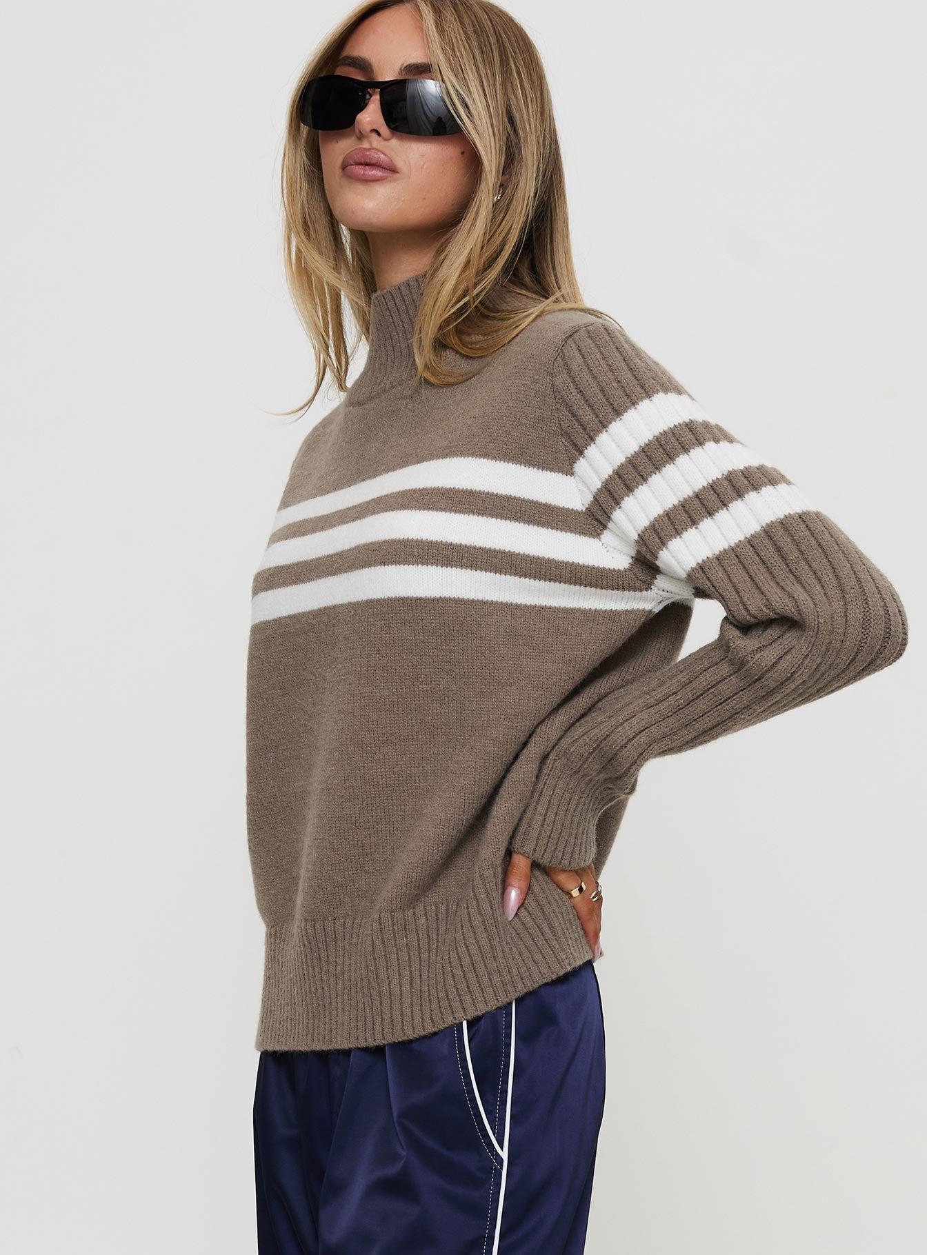Bessemer Funnel Neck Knit Sweater Mocha Stripe Product Image