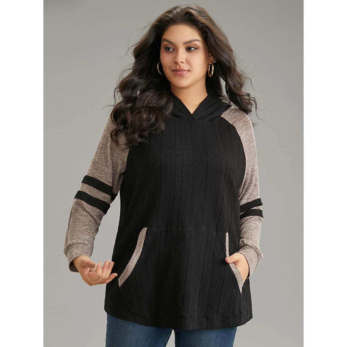 Plus Size Contrast Textured Raglan Sleeve Pocket Hooded Sweatshirt Women Black Casual Texture Hooded Dailywear Sweatshirts BloomChic 14-16/1X Product Image