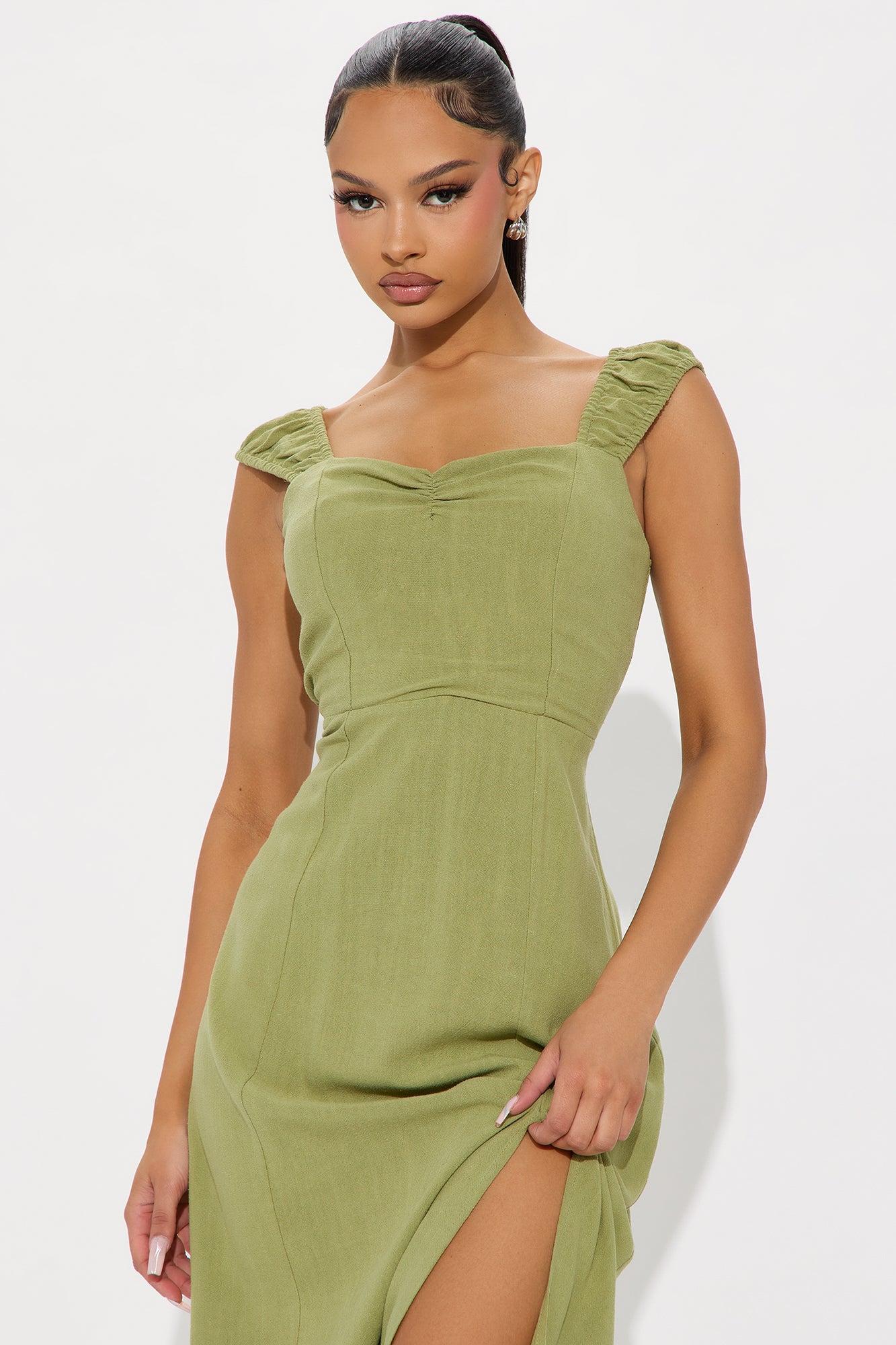 Luciana Stretch Linen Midi Dress - Olive Product Image