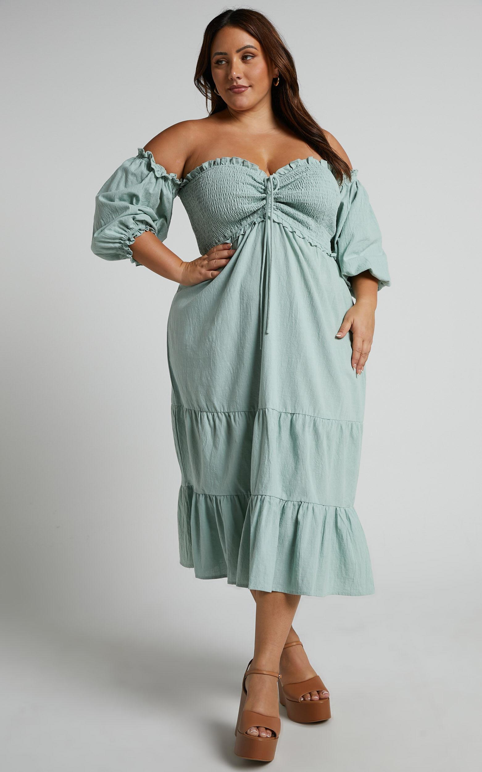 Nikka Midi Linen Blend Dress - Shirred Off Shoulder Puff Sleeve Dress in Sage Product Image