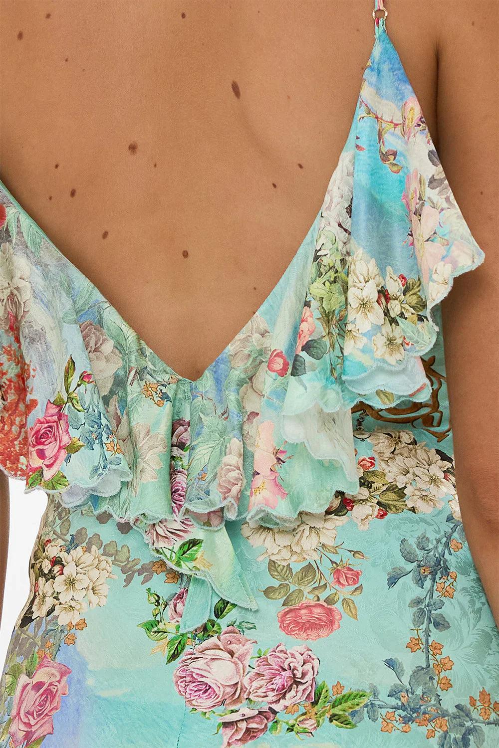 CAMILLA V NECK BIAS SLIP DRESS WITH BACK FRILL -SALE Product Image