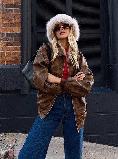 Goldsmith Faux Leather Bomber Jacket Washed Brown Product Image