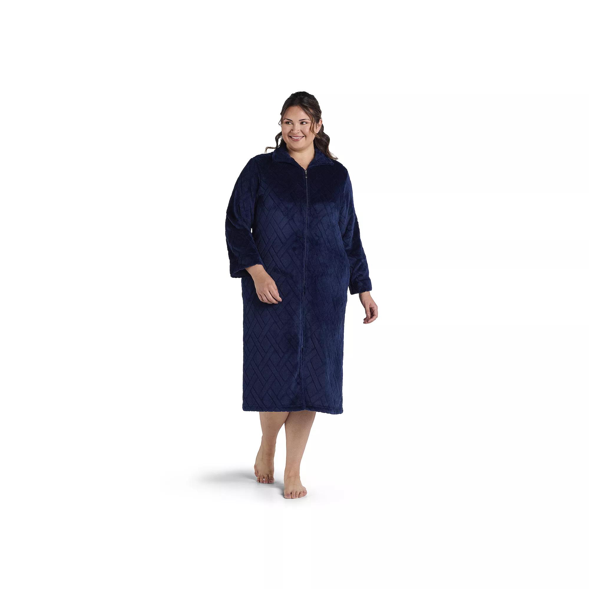 Plus Size Miss Elaine Essentials French Fleece Long Zip Robe, Womens Black Blue Product Image