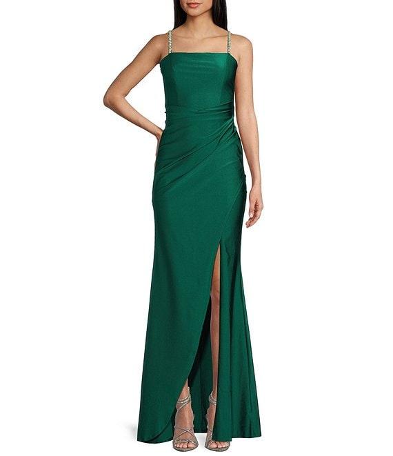 Honey and Rosie Sleeveless Pearl Strap Square Neck Pleated Gown Product Image