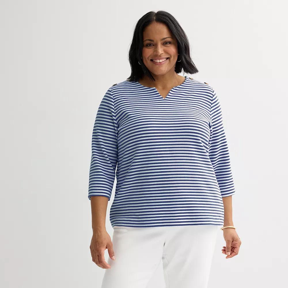 Plus Size Croft & Barrow® Button Shoulder Split Neck Top, Women's, Size: 1XL, Blue Stripe Product Image