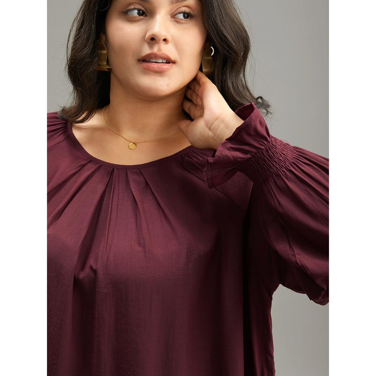 Plus Size Burgundy Supersoft Essentials Plain Plicated Detail Ruffle Trim Blouse Women Office Long Sleeve Round Neck Office Blouses BloomChic 30/6X Product Image