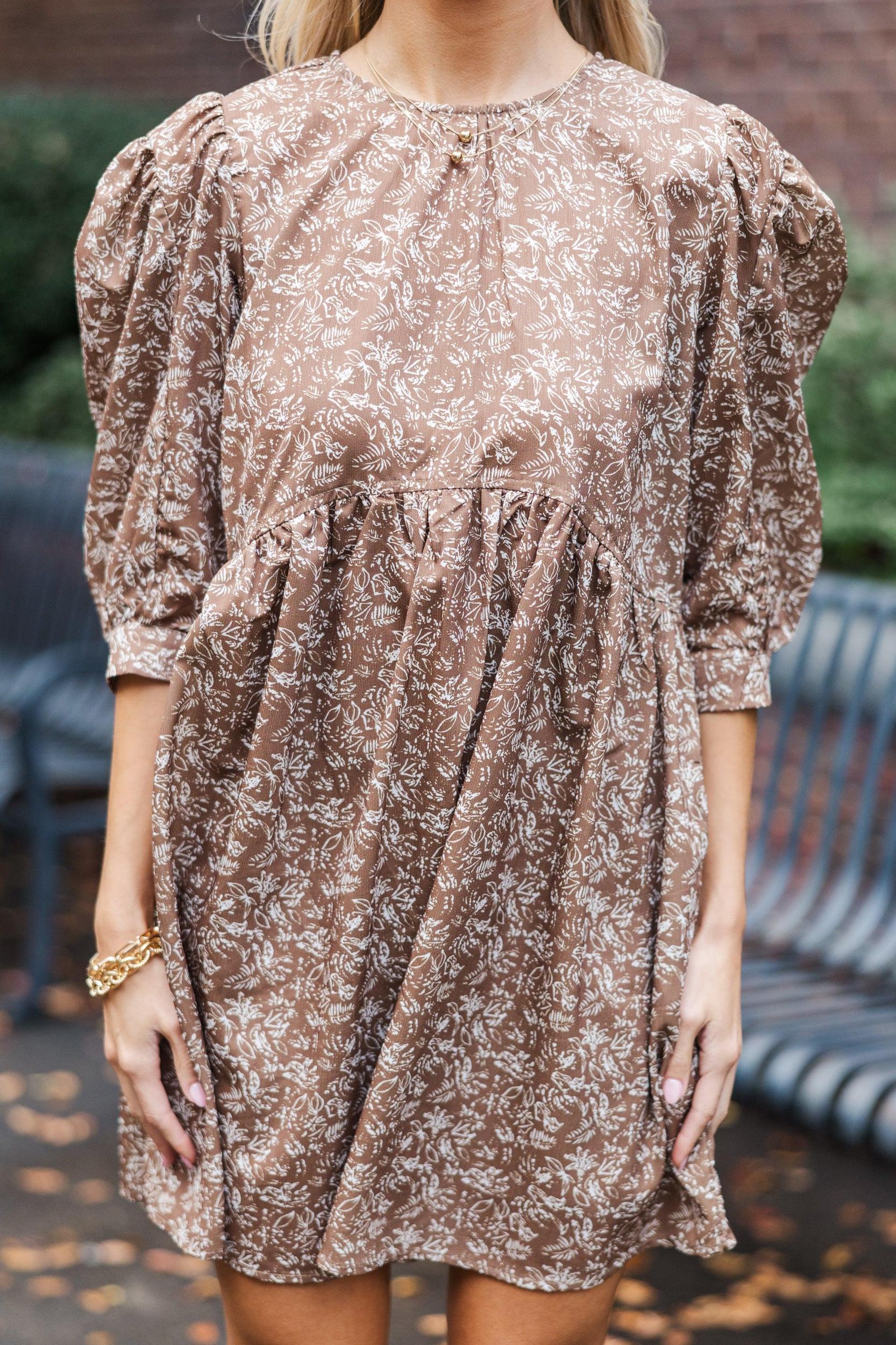 Oh So Thankful Butterscotch Brown Ditsy Floral 3/4 Sleeve Dress Female Product Image
