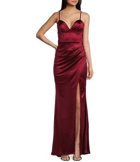 Honey and Rosie Sateen V-Neck Pleated Mermaid Gown Product Image