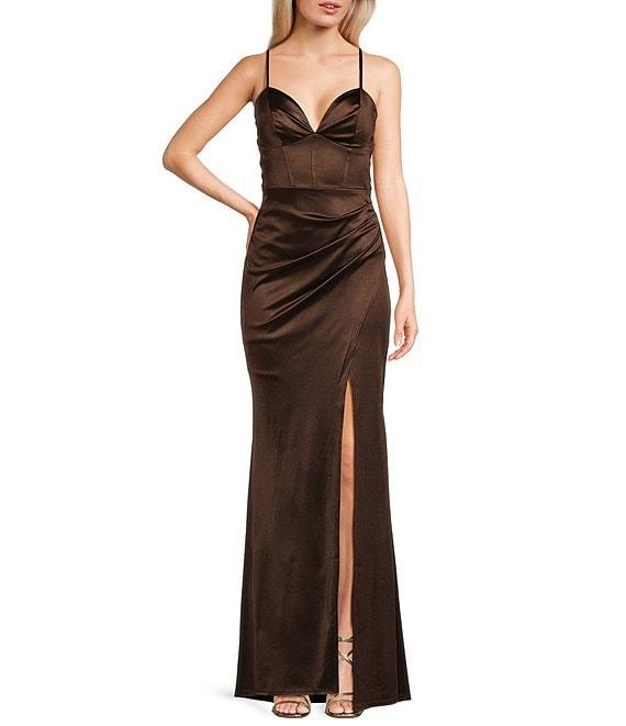 Honey and Rosie Sateen V-Neck Pleated Mermaid Gown Product Image