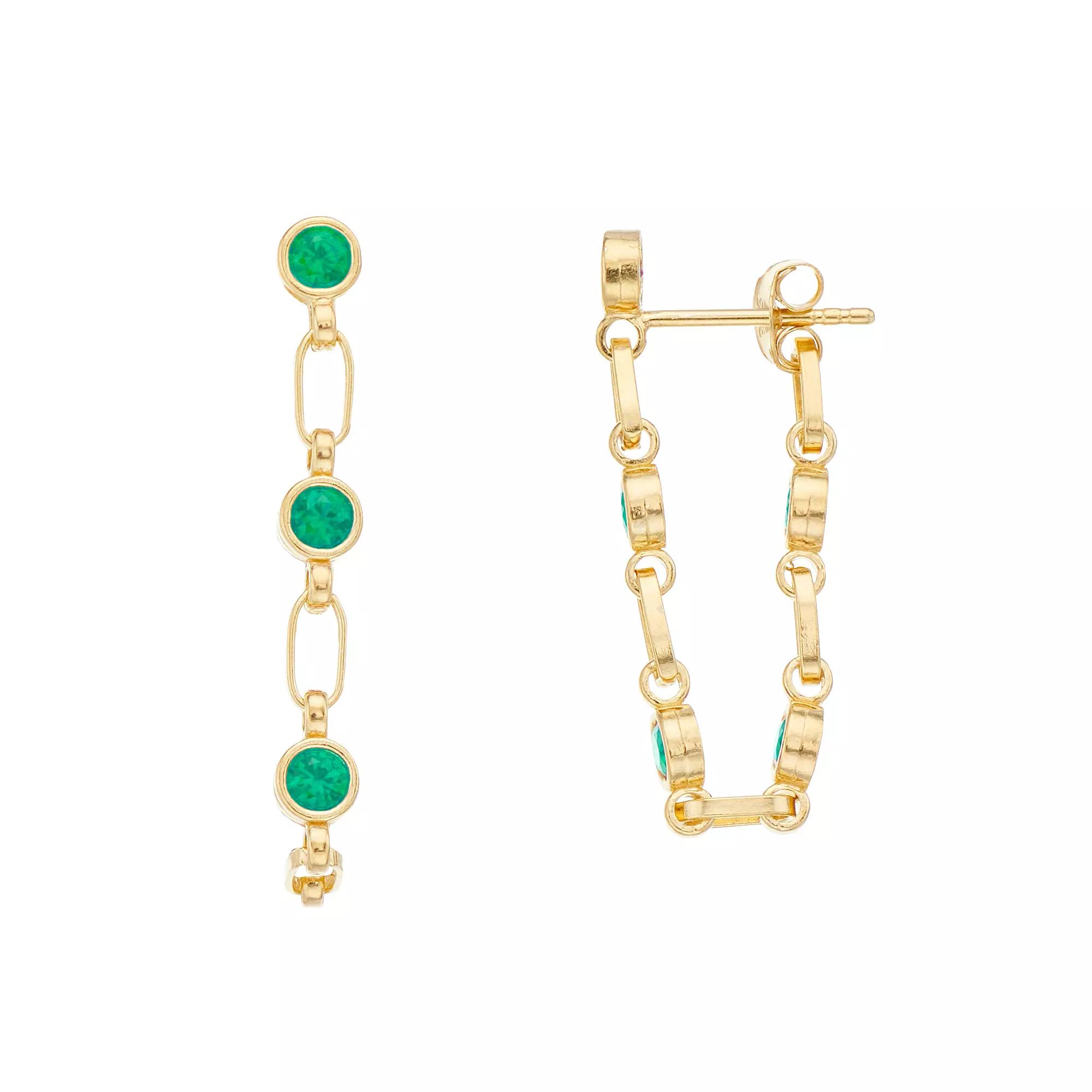 Kristen Kesho Sterling Silver Lab-Created Emerald Front-to-Back Chain Hoop Earrings, Women's, Gold Tone Product Image