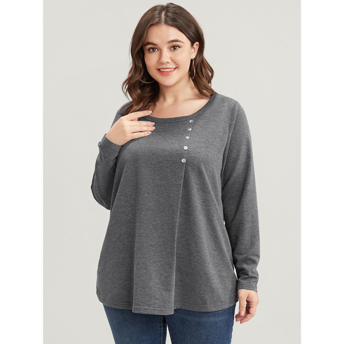 Plus Size Solid Crew Neck Button Detail Long Tee Gray Women Casual Button Plain Round Neck Dailywear T-shirts BloomChic 10/M Product Image