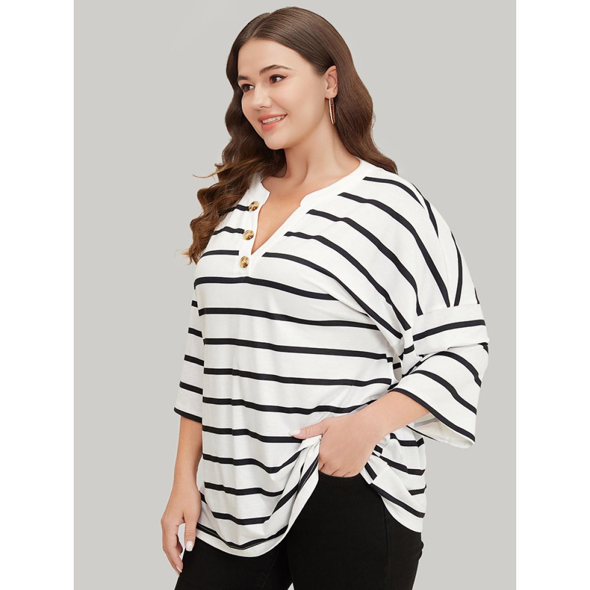 Plus Size Striped Print Button Detail Notched T-shirt White Women Casual Button Striped Notched collar Dailywear T-shirts BloomChic 12/L Product Image