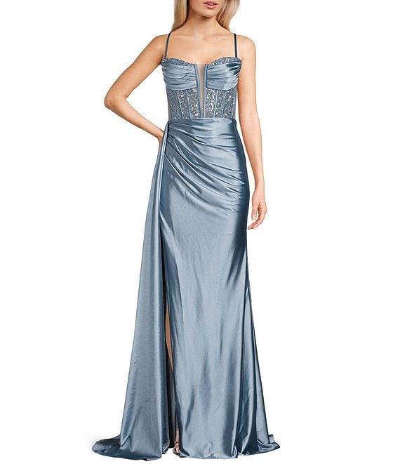 Jovani Sweetheart Neck Spaghetti Strap Corset Glitter Mesh Bodice Side Slit Gown Product Image