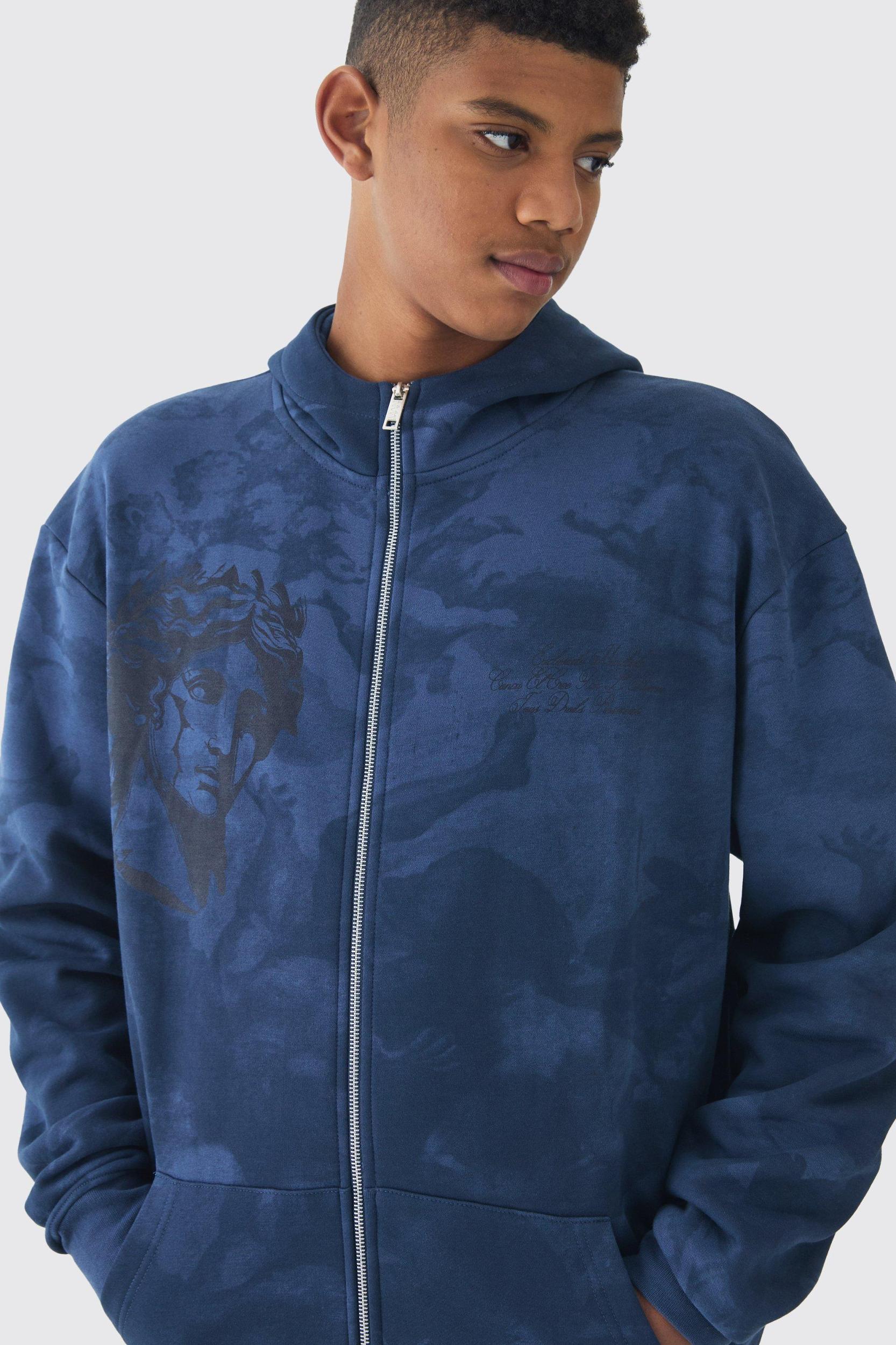 Tall Oversized Zip Thru Renaissance Print Hoodie | boohooMAN USA Product Image