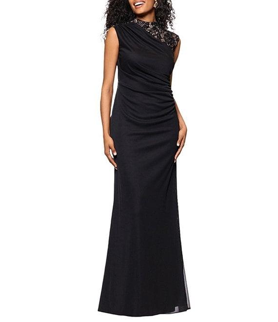 Betsy & Adam Matte Jersey Lace Mock Neck Sleeveless Ruched Sheath Gown Product Image