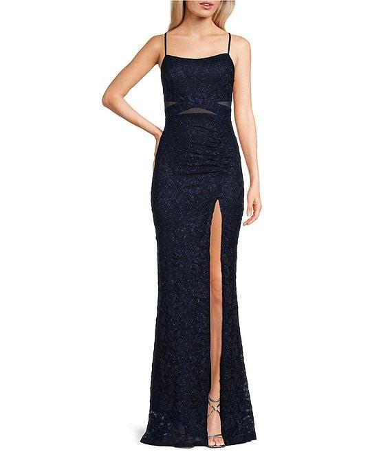 Honey and Rosie Glittered Stretch Lace Square Neck Criss Cross Mesh Insert Front Slit Dress Product Image