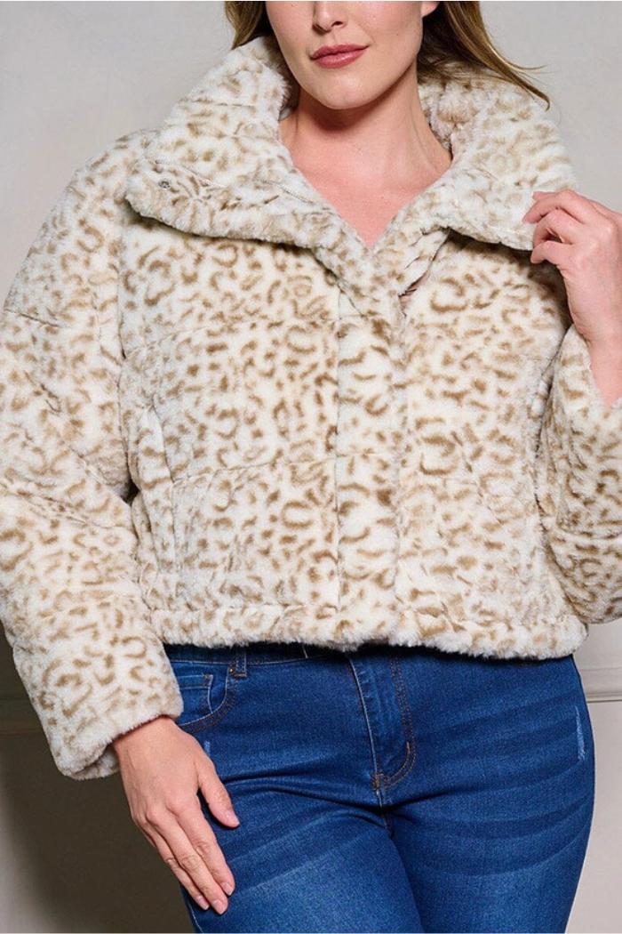 Zip Up Pockets Animal Print Sherpa Jacket Product Image