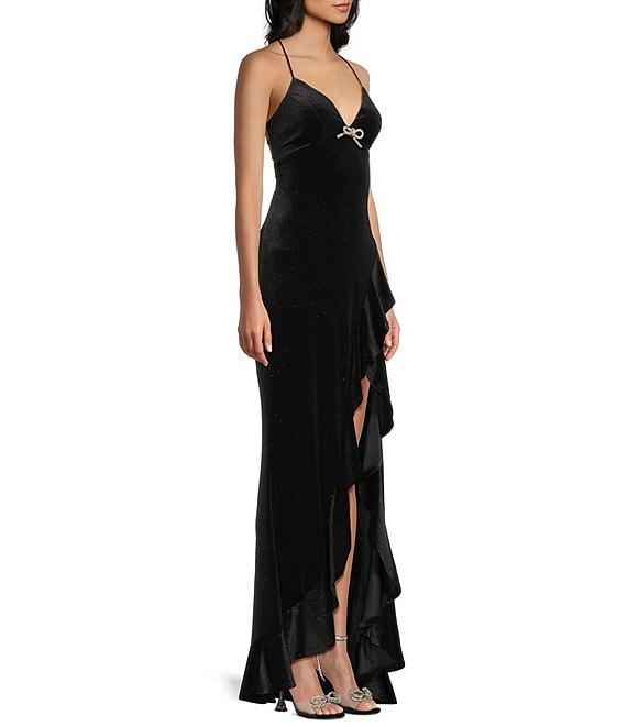 Midnight Doll Glitter Velvet Rhinestone Bow V-Neck Ruffle Front Slit Dress Product Image