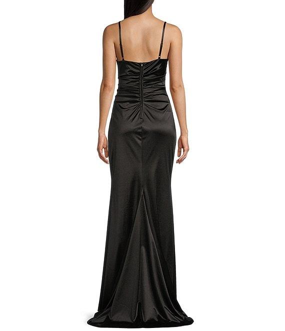 B. Darlin V-Neck Shirred Front Slit Long Satin Dress Product Image