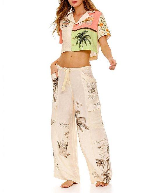 Agua Bendita Woven Tropical Floral Print Embroidered Notch Collar Cooridinating Short Sleeve Crop Shirt Product Image