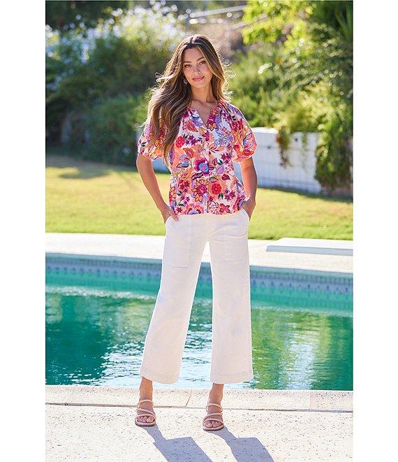 Liverpool Los Angeles Woven Floral Split V-Neck Short Sleeve Button-Front Blouse Product Image