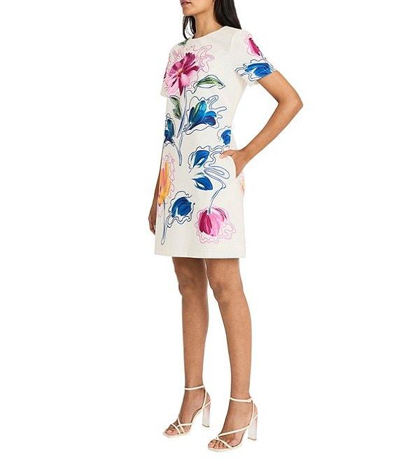 Maggy London Poplin Floral Print Crew Neck Short Sleeve Shift Mini Dress Product Image