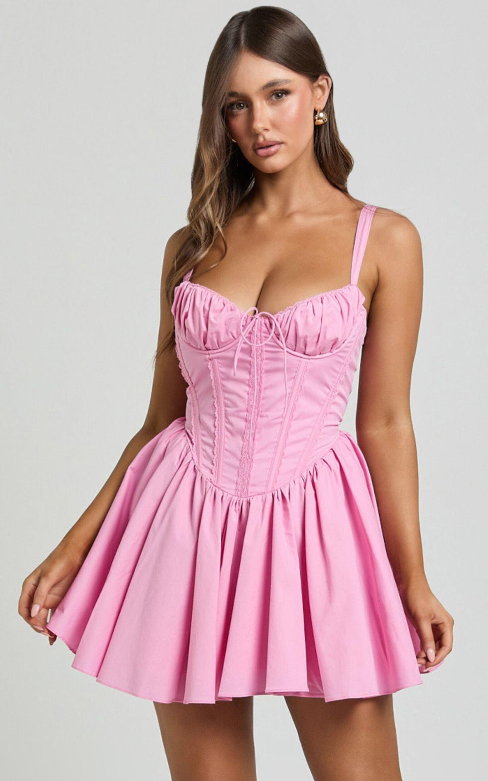 Jenna Mini Dress - Corset Lace Trim Flared Dress in Musk Pink Product Image