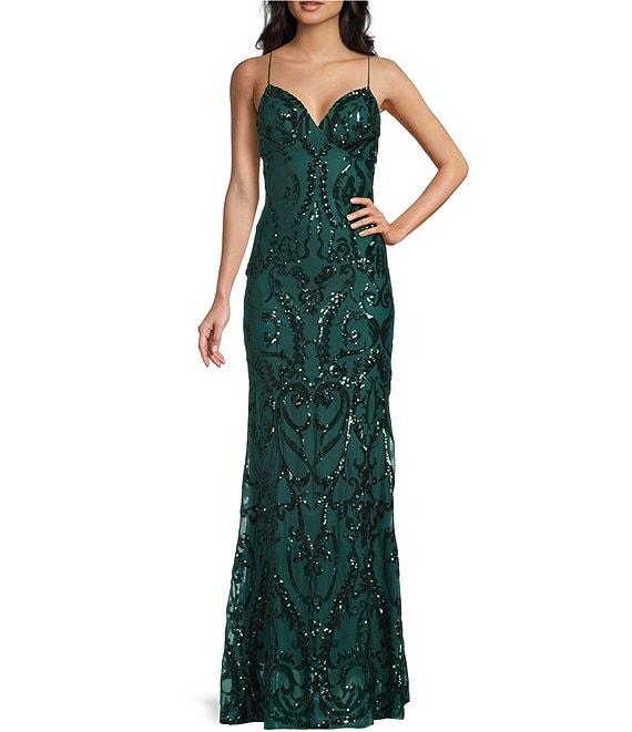 B. Darlin Spaghetti Strap Placement Sequin Long Dress Product Image