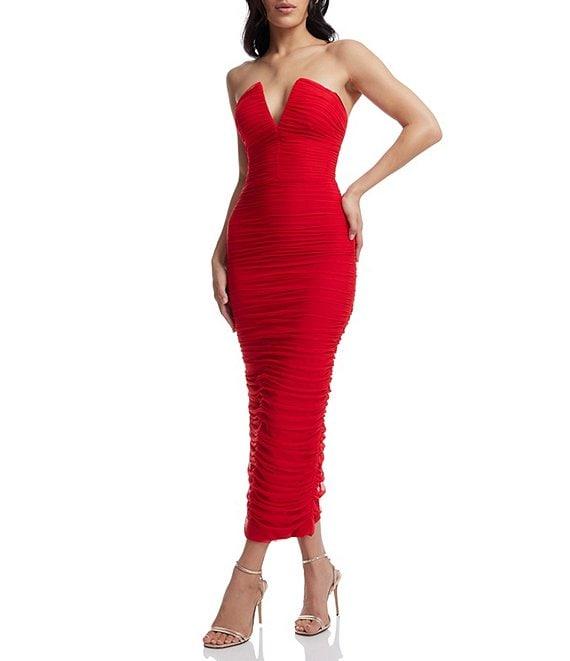 Dress the Population Ferra V-Neck Sleeveless Ruched Midi Bodycon Dress Product Image