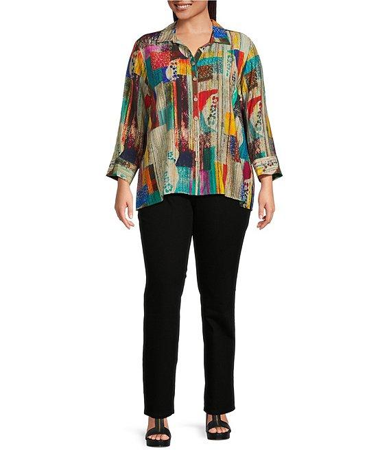 Ali Miles Plus Size Woven Abstract Multi Print Point Collar 3/4 Cuff Sleeve Button Front Tunic Product Image