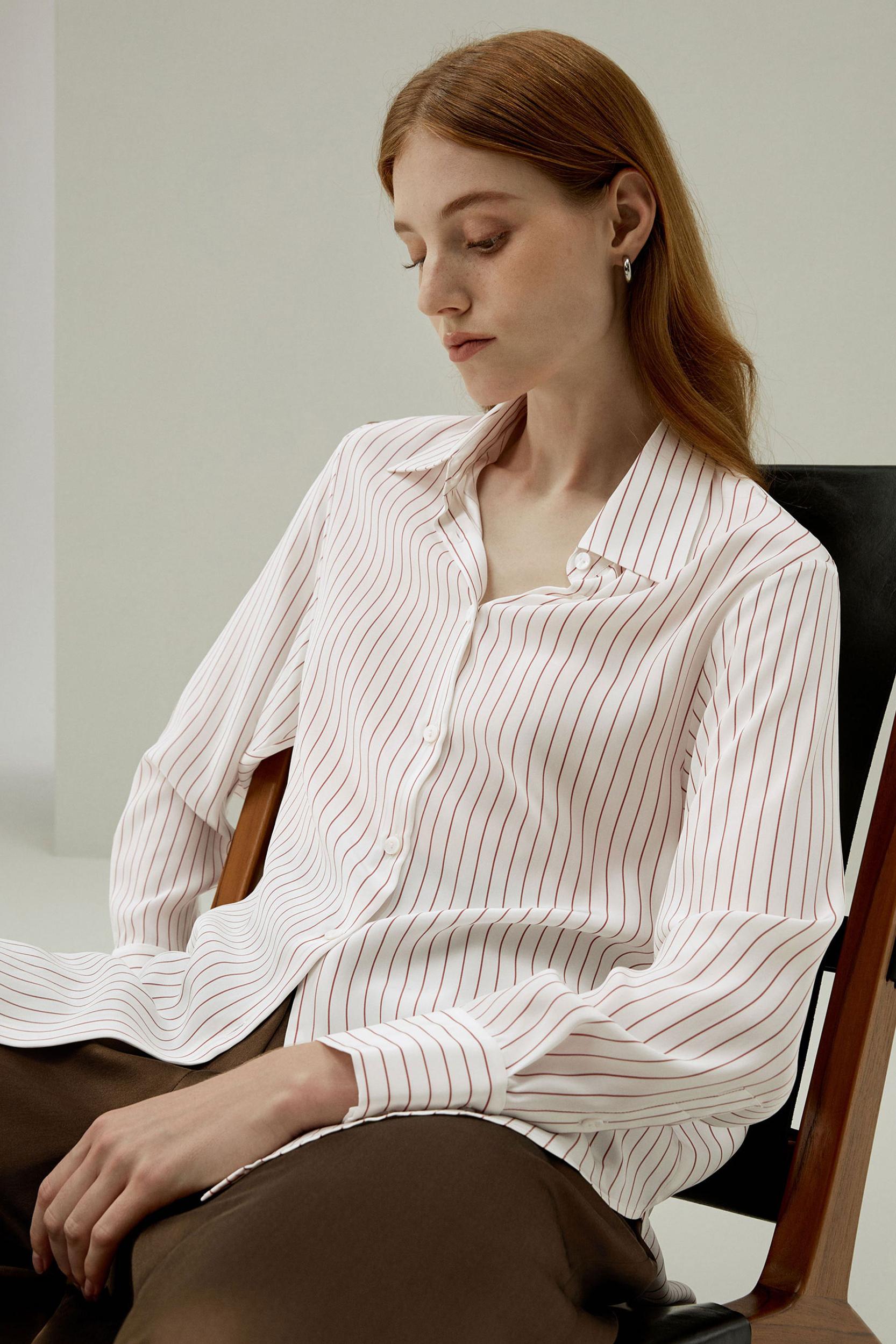 LILYSILK Women's Silk Charmeuse Oversized SOS Shirt, Brown Pinstripe, XXL Product Image