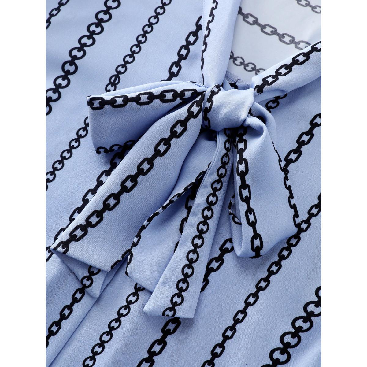 Plus Size LightBlue Loop Striped Bow-Tie Neckline Blouse Women Office Long Sleeve Ribbon-tied collar Office Blouses BloomChic 28/5X Product Image