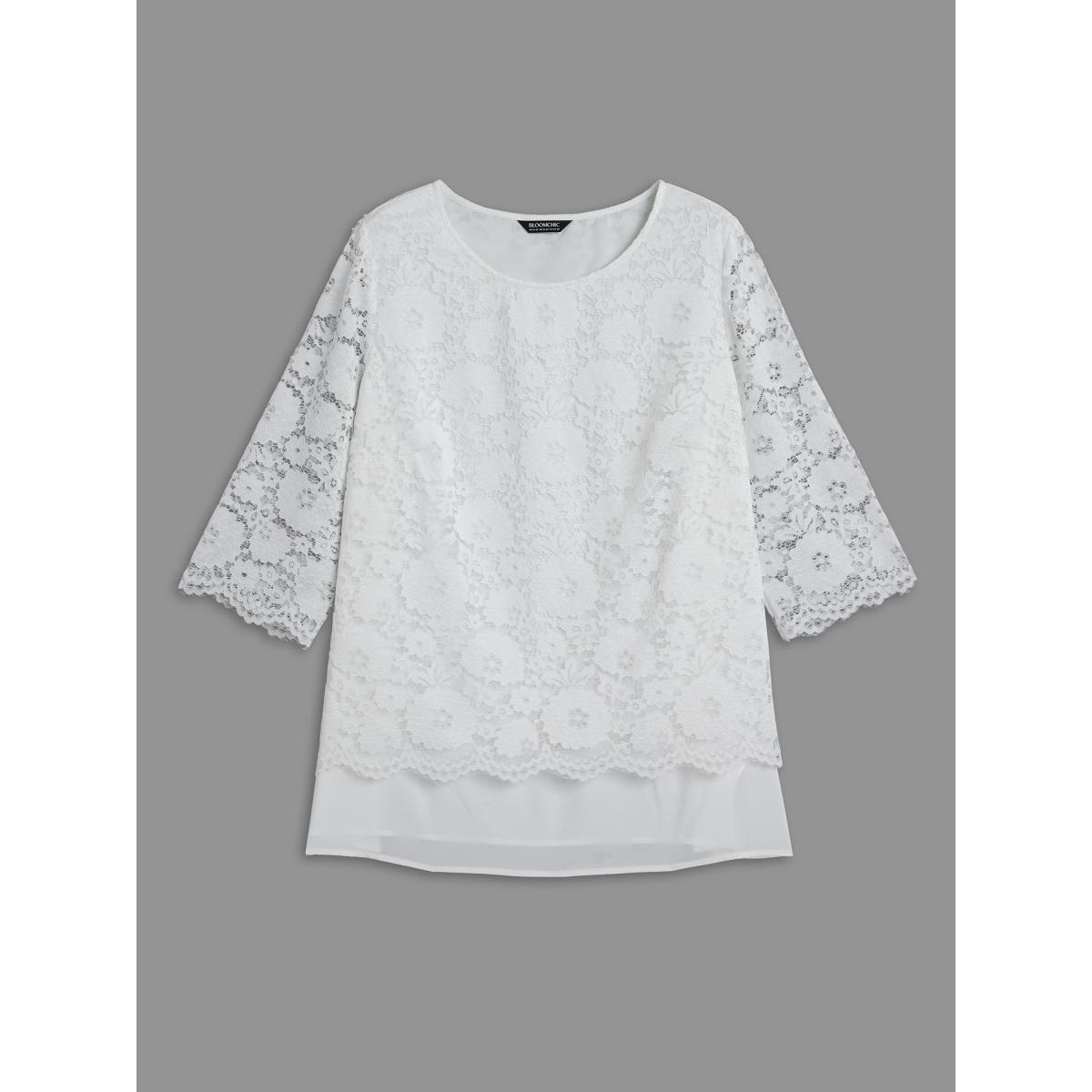 Plus Size Opticwhite Layered Crochet Lace Semi-Sheer Blouse Women Elegant Elbow-length sleeve Round Neck Everyday Blouses BloomChic 12/L Product Image