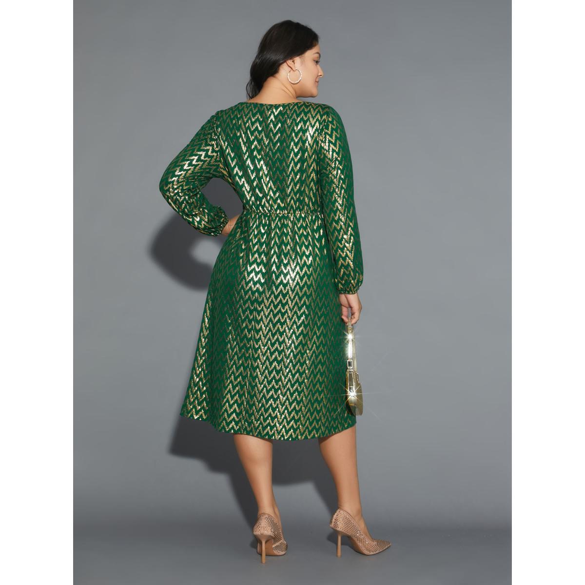 Plus Size Crew Neck Glitter Geometric Gathered Dress Emerald Women Cocktail Texture Round Neck Long Sleeve Curvy BloomChic 14-16/1X Product Image