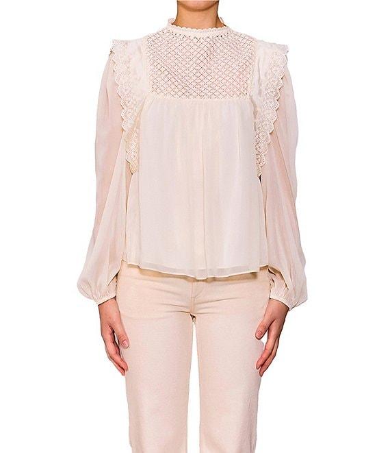 MELLODAY Lace Inset Mock Neck Puff Sleeve Blouse Product Image