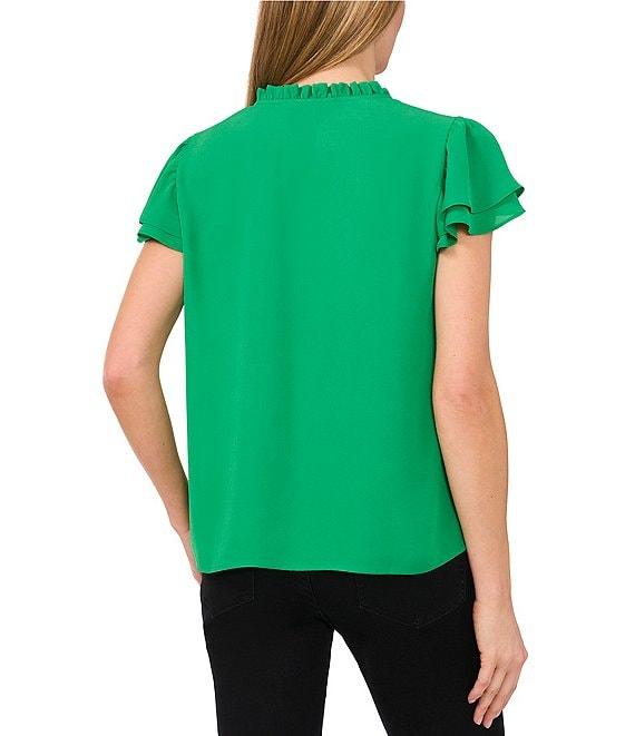 CeCe Woven Split Round Neck Flutter Sleeve Blouse Product Image
