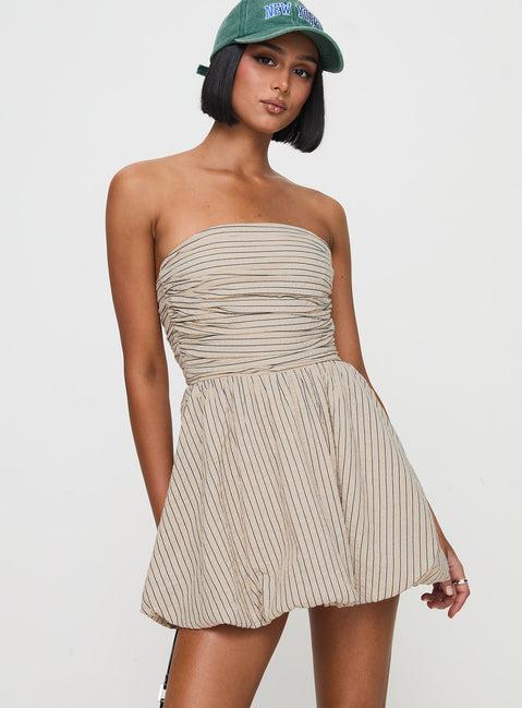 Quinette Strapless Bubble Hem Mini Dress Beige Stripe Product Image