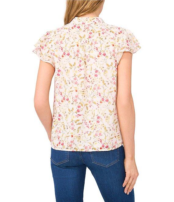CeCe Woven Floral Print Mandarin Collar Double Flutter Sleeve Blouse Product Image