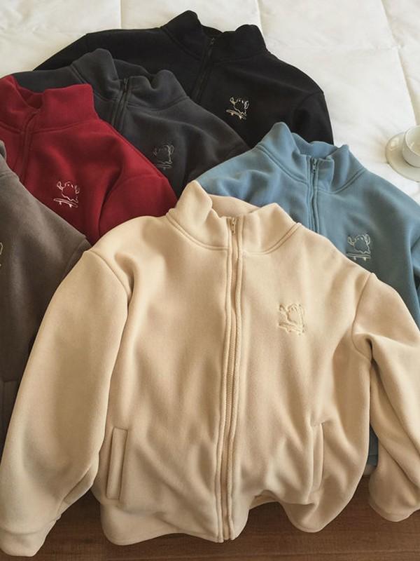 Embroidery Zip Up Fleece Jacket Product Image