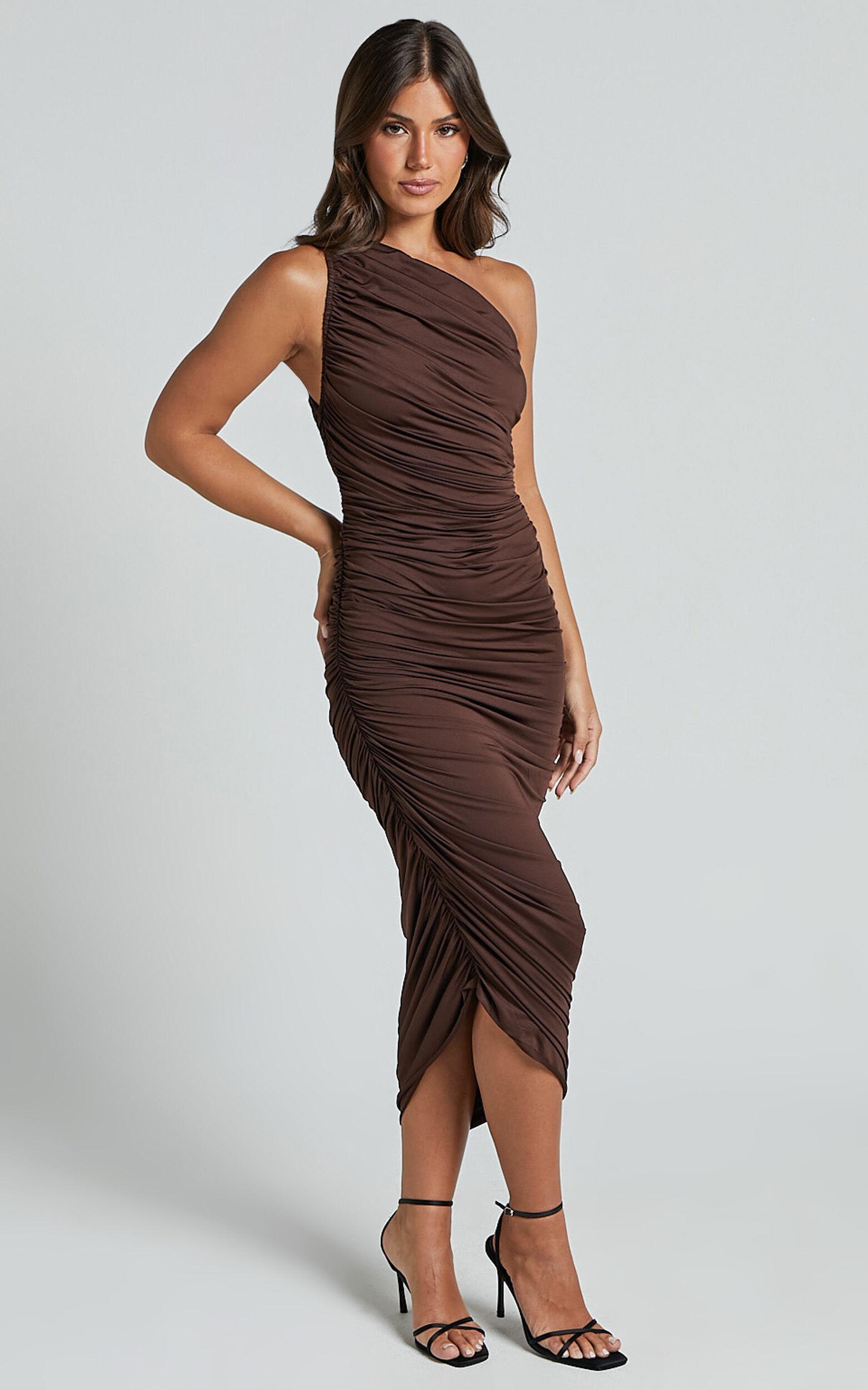 Lovlin Midi Dress - One Shoulder Ruched Dress in Chocolate Product Image