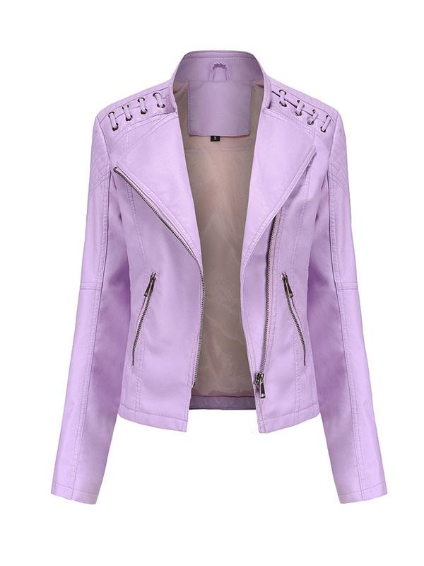 Long Sleeves Split-Joint Zipper Mock Neck PU Jackets Outerwear Product Image