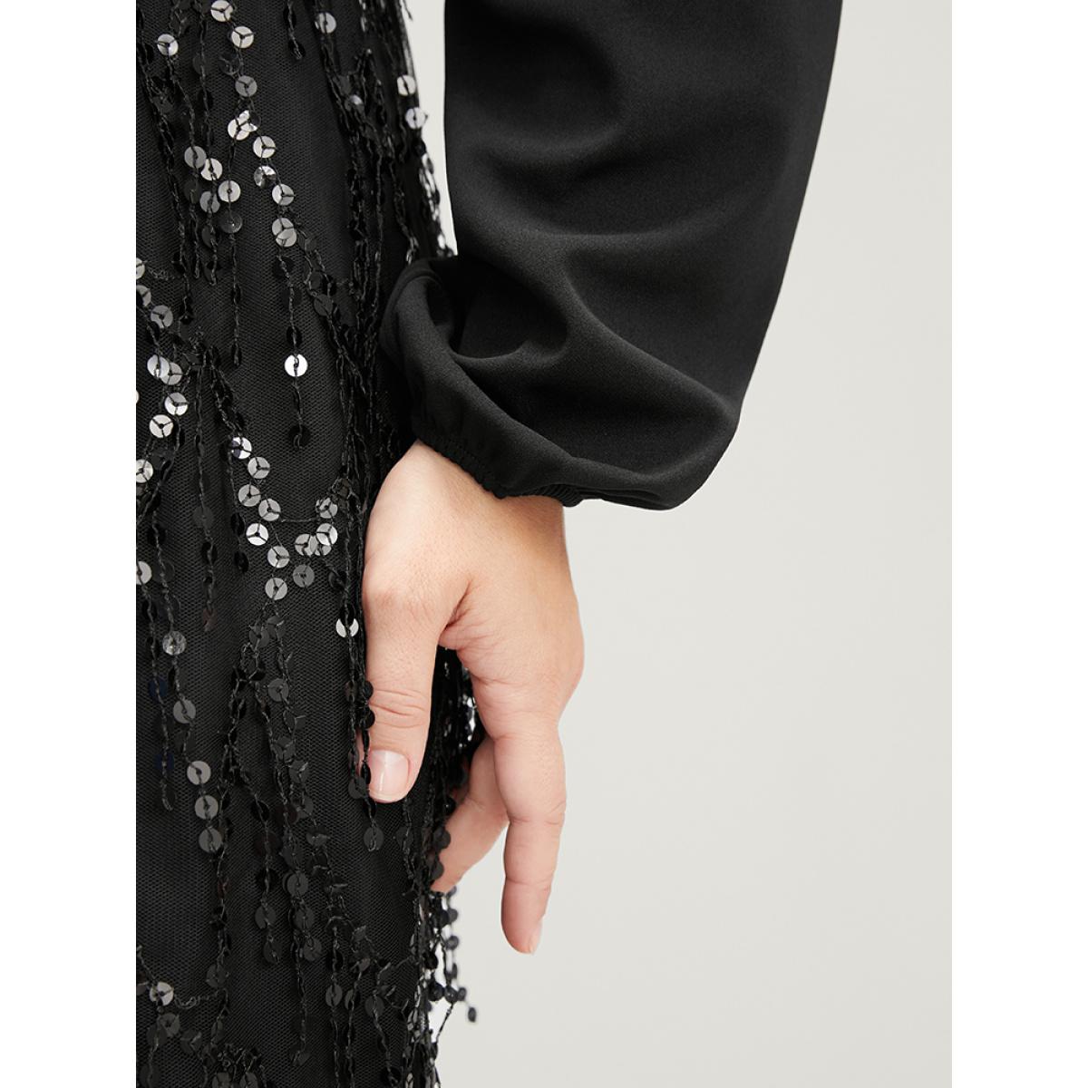 Plus Size Solid Patchwork Wrap Sequin Tassel Detail Dress Black Women Party Patchwork V-neck Long Sleeve Curvy Knee Dress BloomChic 28/5X Product Image
