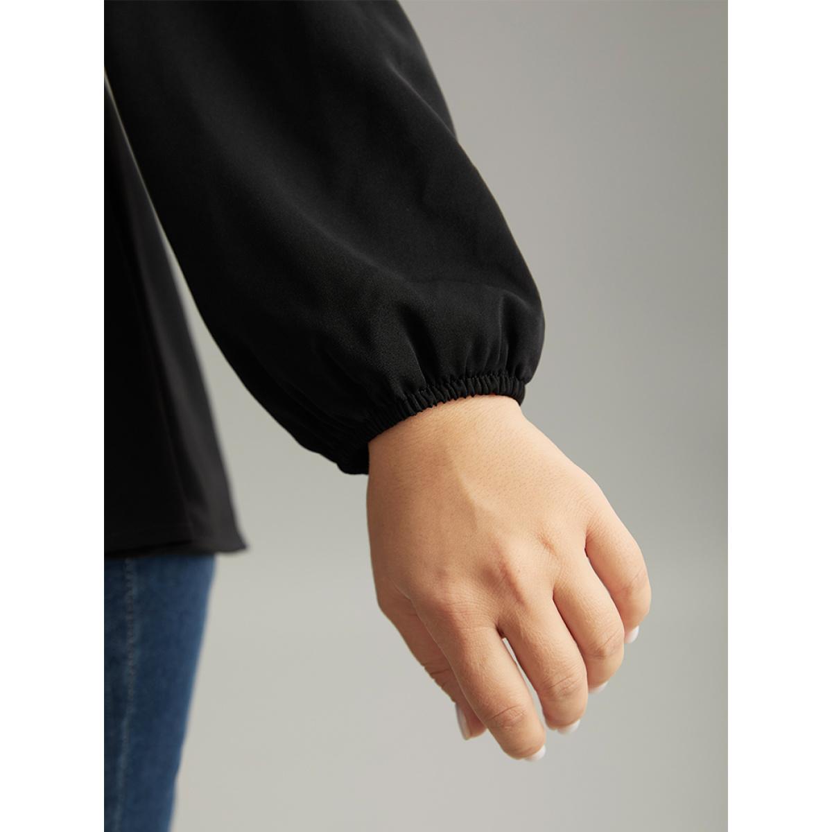 Plus Size Black Solid Wrap Flutters Style Accents Belted Blouse Women Office Long Sleeve V-neck Office Blouses BloomChic 22-24/3X Product Image