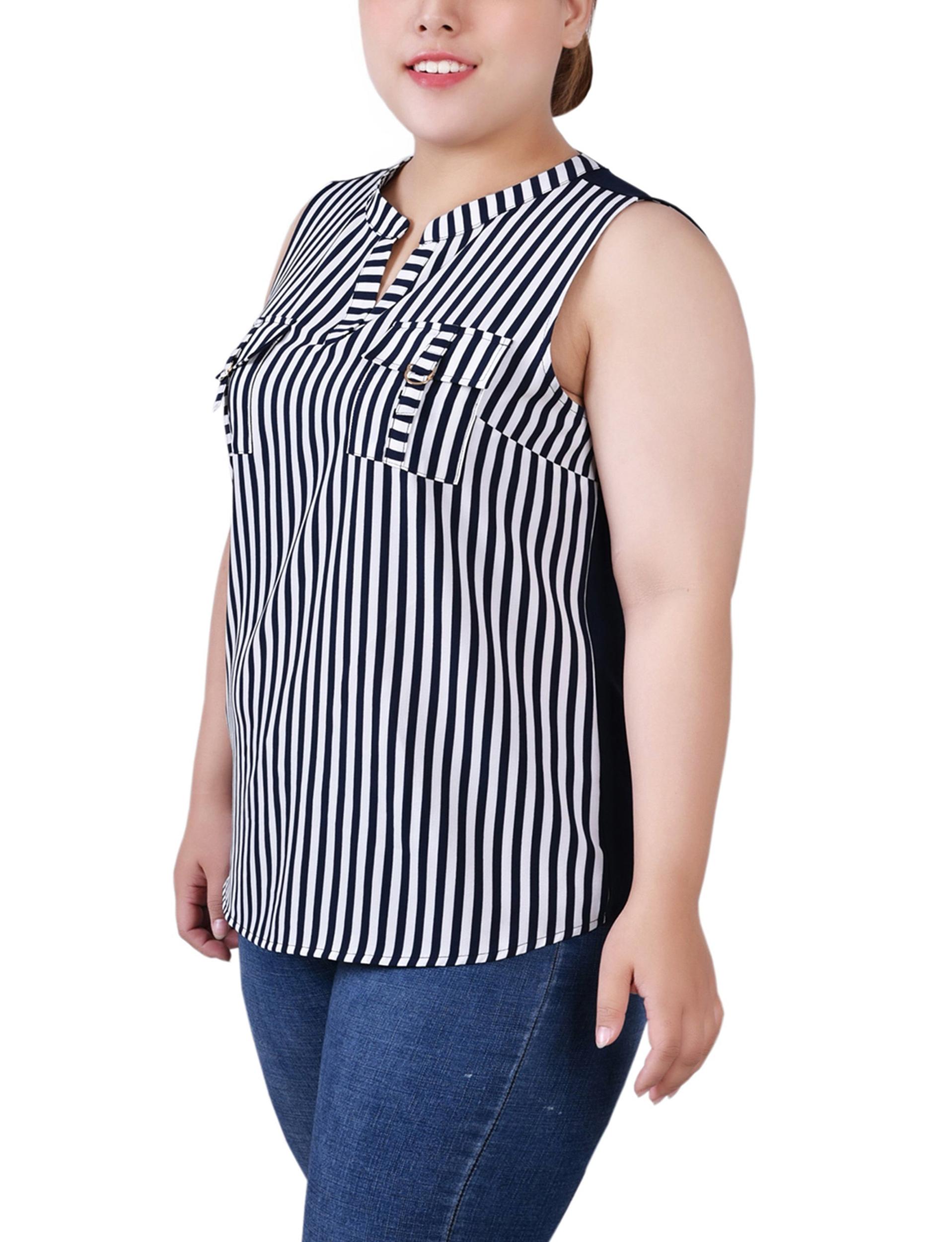 Blue Sleeveless Y Neck Combo Blouse - Plus Size Product Image