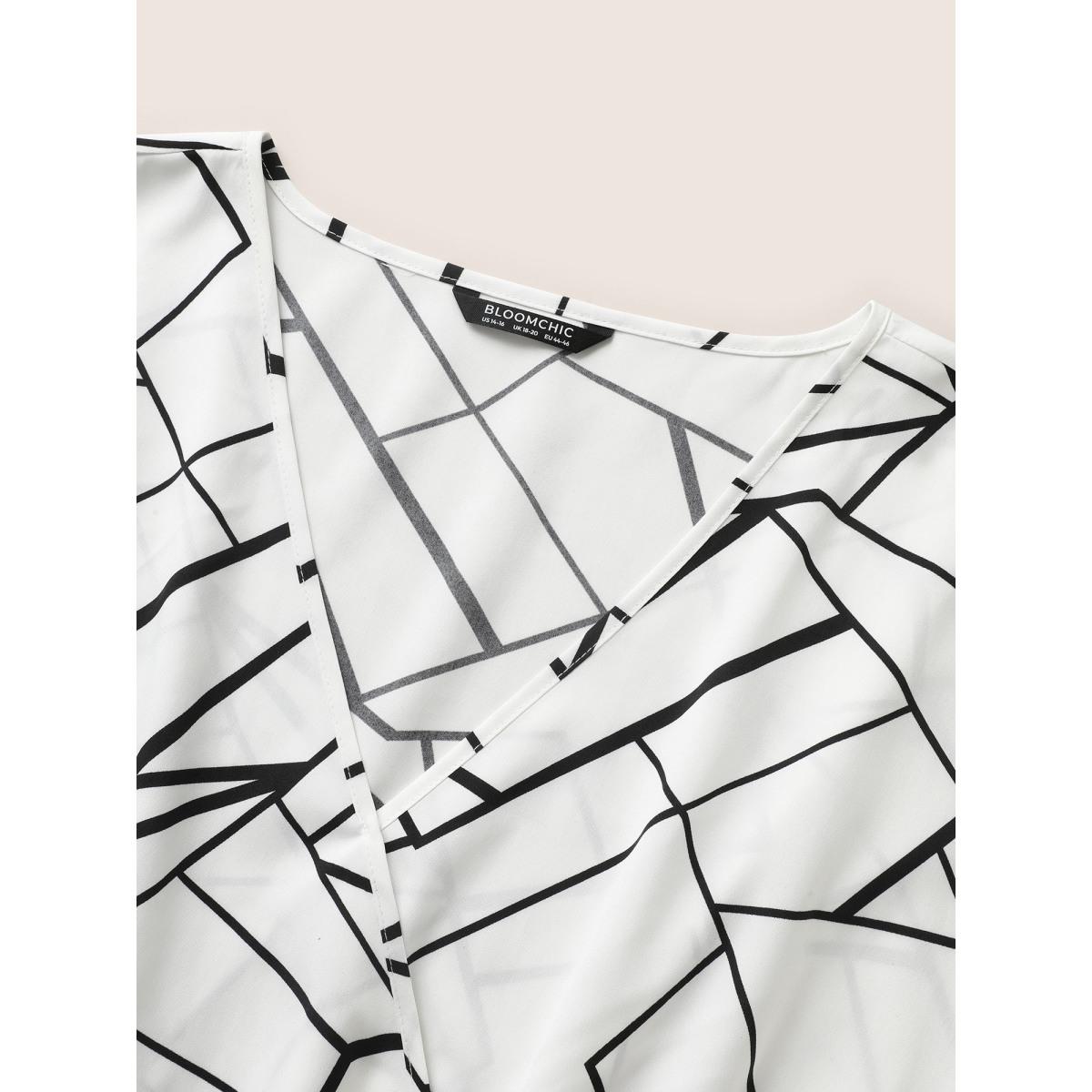 Plus Size Ivory Geometric Overlap Collar Ruffle Sleeve Blouse Women At the Office Short sleeve Overlap Collar Work Blouses BloomChic 12/L Product Image